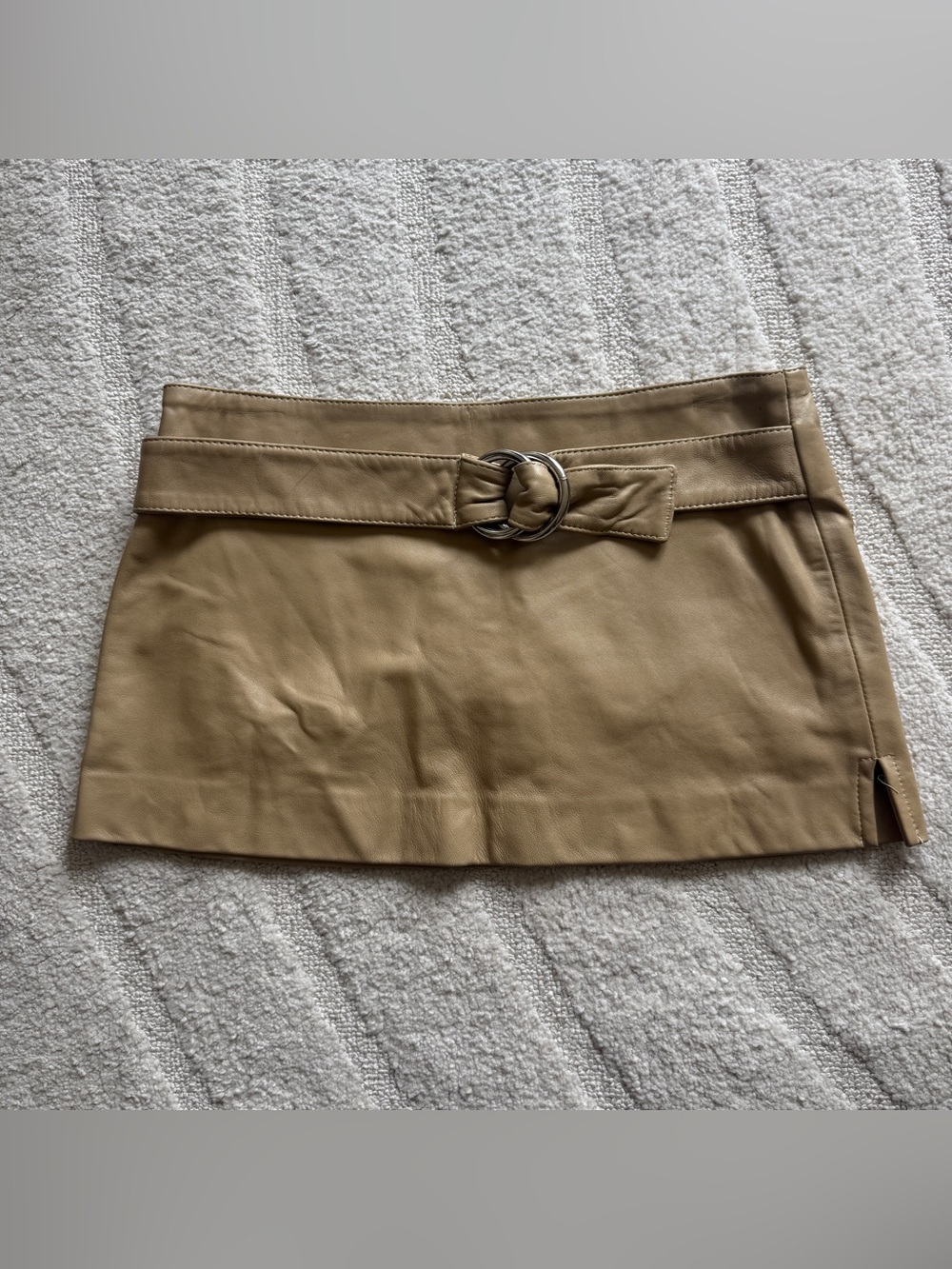 Genuine Leather Tan Mini Skirt with Double-Ring Belt